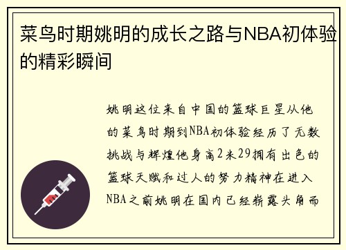 菜鸟时期姚明的成长之路与NBA初体验的精彩瞬间